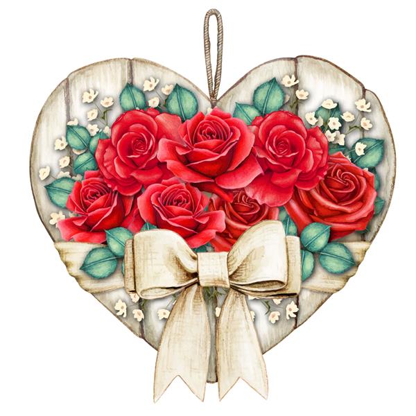 برچسب قلب چوبی روستیک شیک آبرنگ با گل رز قرمز