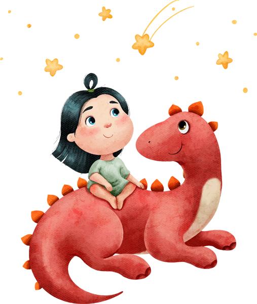 تصویر آبرنگ یک دختر کوچک با دایناسور بزرگ قرمز دوست است