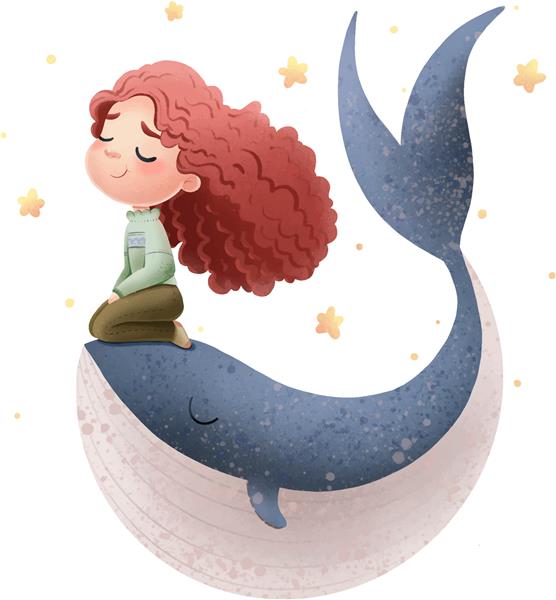 تصویر دختری زیبا با موهای شاداب روی نهنگی در میان ستاره ها نشسته است
