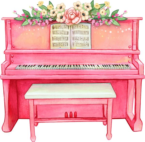 پیانوی عمودی آبرنگ صورتی با گل