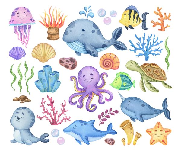 مجموعه آبرنگ از حیوانات دریایی و گیاهان
