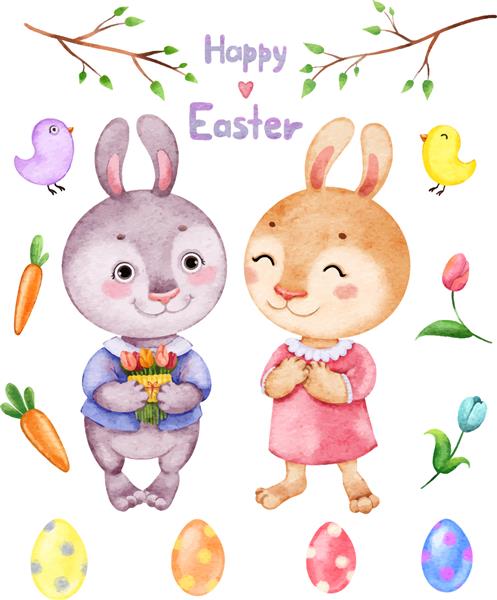 ست بهاری عید پاک با خرگوش ها برگ ها پرندگان تخم مرغ ها و گل های نقاشی شده با آبرنگ