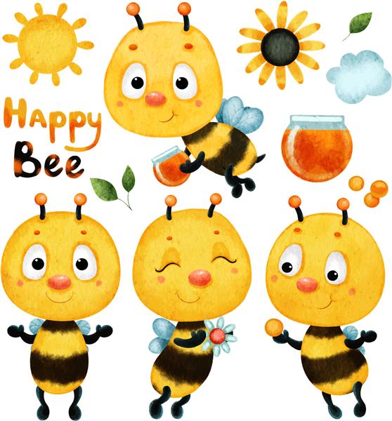مجموعه ست زیبای بهاری با زنبورهای عسل که با آبرنگ کشیده شده اند
