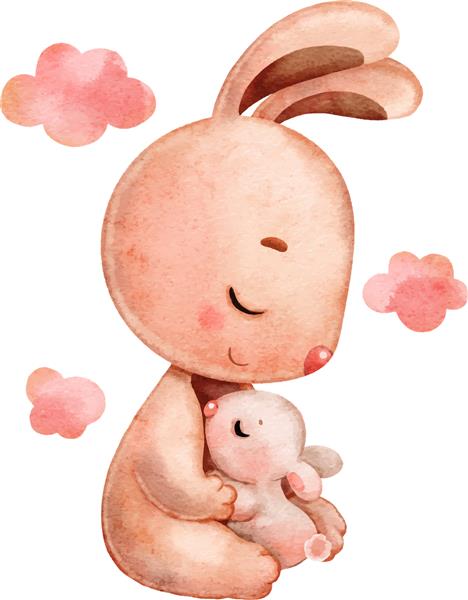 تصویر زیبای جشن از خرگوش مادر و نوزاد نقاشی شده با آبرنگ