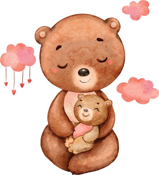 خرس و نوزاد زیبای مادر با آبرنگ نقاشی شده اند