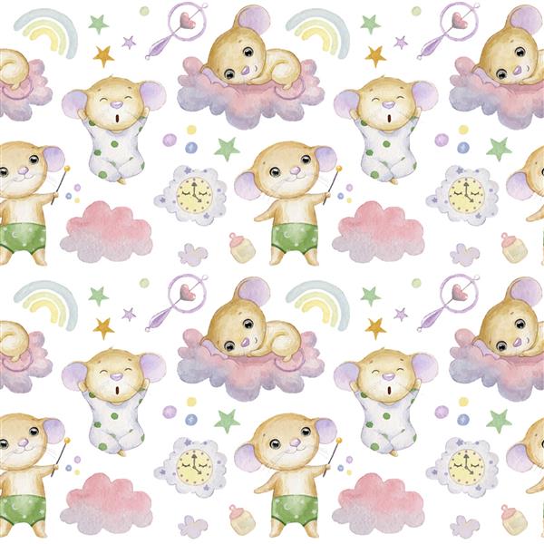 الگوی بدون درز با موش های بامزه ابرهای ستاره و رنگین کمان روی پارچه پس زمینه سفید برای کودکان