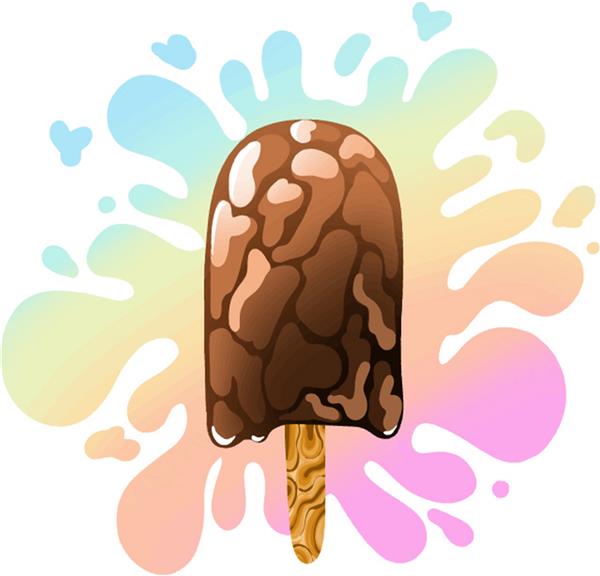 بستنی خامه ای شکلاتی خوشمزه روی چوب در پس زمینه یک نقطه چند رنگ