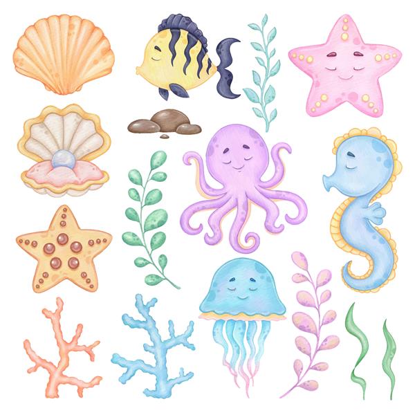 کلیپ هنر آبرنگ در دنیای زیر آب هنر قابل چاپ حیوانات دریایی