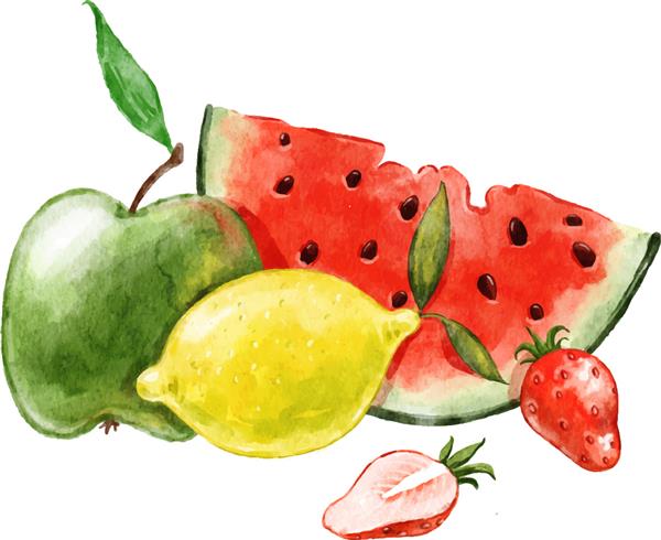 طبیعت بی جان میوه های تابستانی هندوانه لیمو سیب توت فرنگی نقاشی شده با آبرنگ