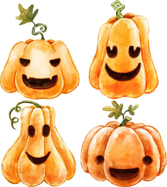 مجموعه ای از کدو تنبل های هالووین شوم آبرنگ با چهره های ترسناک نقاشی شده با آبرنگ