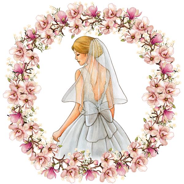 لباس مجلسی سفید تصویر عروس آبرنگ در تاج گل مگنولیا