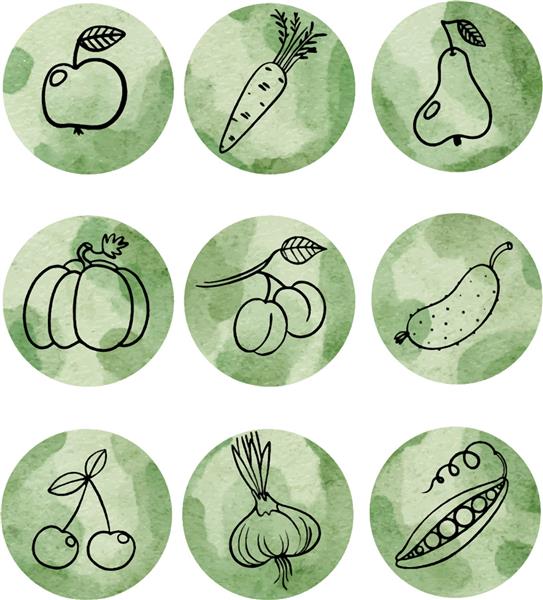 مجموعه ای از نمادها با سبزیجات و میوه ها که با خط کشیده شده اند