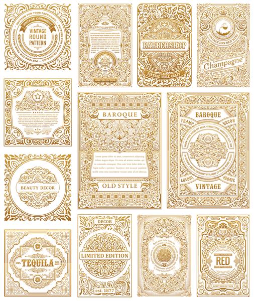 برچسب‌های طراحی قاب‌های خوشنویسی کارت‌های ست طلایی قدیمی
