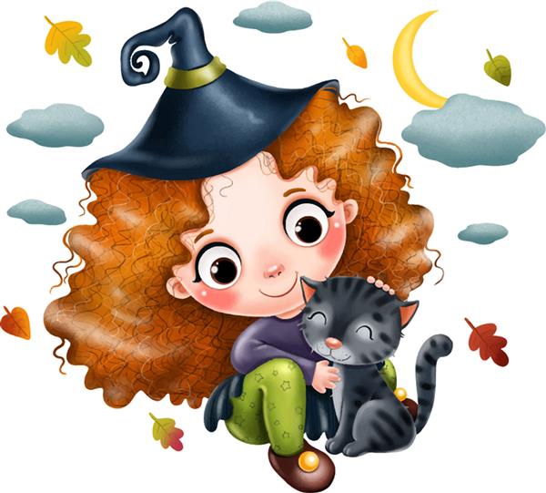 دختر جادوگر با کلاه و گربه سیاه پوستر هالووین