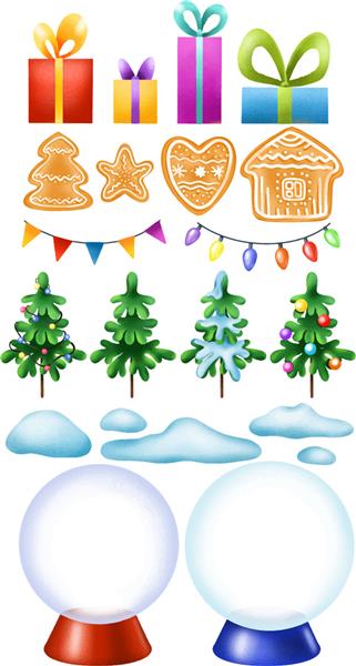مجموعه کریسمس با درختان صنوبر شیرینی زنجفیلی برفی و توپ های برفی