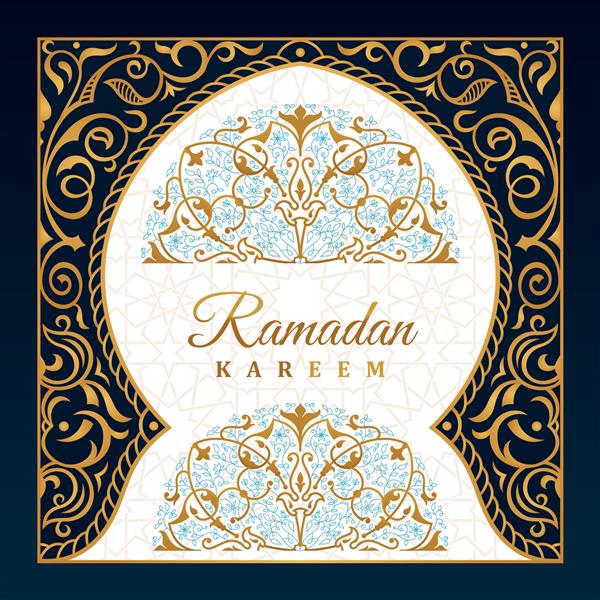 کارت تبریک ماه مبارک رمضان مسجد طرح شرقی با نقش و نگار عربی