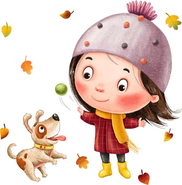 تصویر دختر ناز با کلاه در حال پرتاب توپ از یک سگ شاد