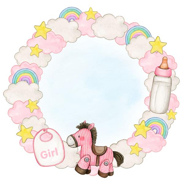 تاج گل کودک آبرنگ با اسب اسباب بازی ابرهای ستاره و رنگین کمان