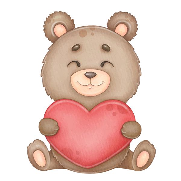 خرس آبرنگ ناز با تصویر قلب بزرگ برای روز ولنتاین