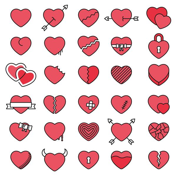 مجموعه ای از 30 نماد ساده قلب برای روز ولنتاین