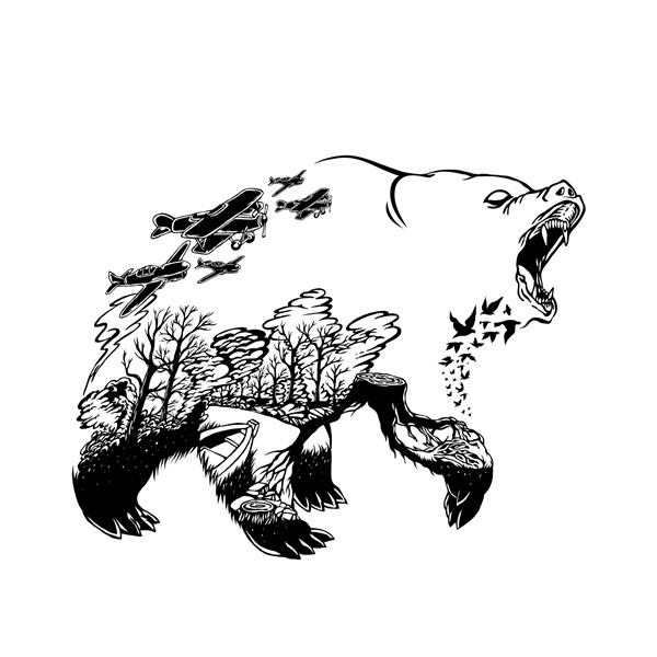 تصویر یک خرس با پس زمینه آتش سوزی در جنگل