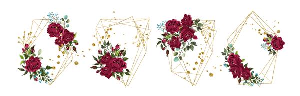 قاب مثلثی هندسی طلایی گلدار عروسی با گلهای بوردو و برگهای سبز جدا شده