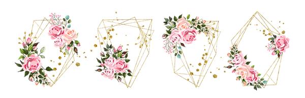 قاب مثلثی هندسی طلایی گل‌دار عروسی با گل‌های صورتی گل رز و برگ‌های سبز جدا شده