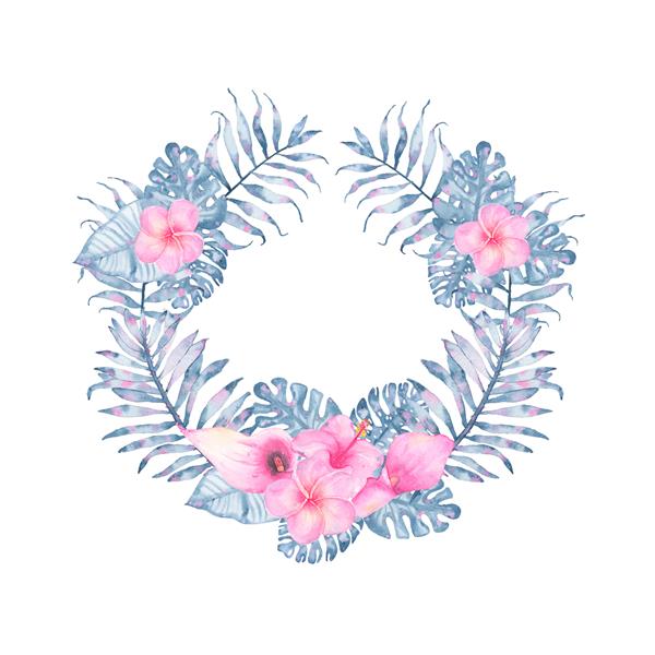 تاج گل نیل استوایی آبرنگ با کاکا صورتی رنگی و برگ های هیولای نخل نیلی