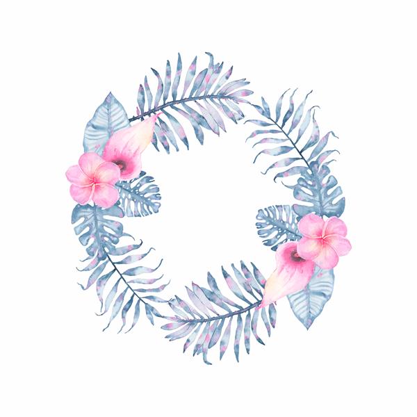 تاج گل نیل استوایی آبرنگ با کالا فرانجی‌پانی صورتی و برگ‌های هیولای نخل نیل