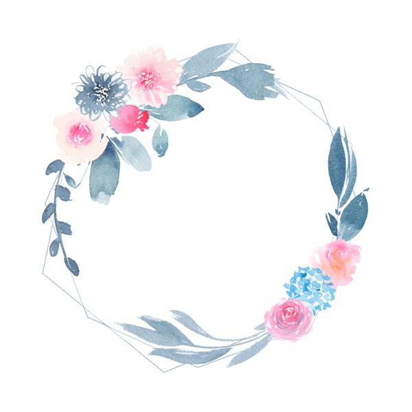 اکلیل گرد هندسی آبرنگ با گل رز صورتی گل و برگ نیلی
