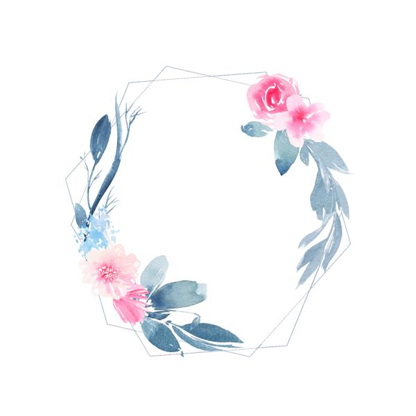 اکلیل گرد هندسی آبرنگ با گل رز صورتی گل و برگ نیلی