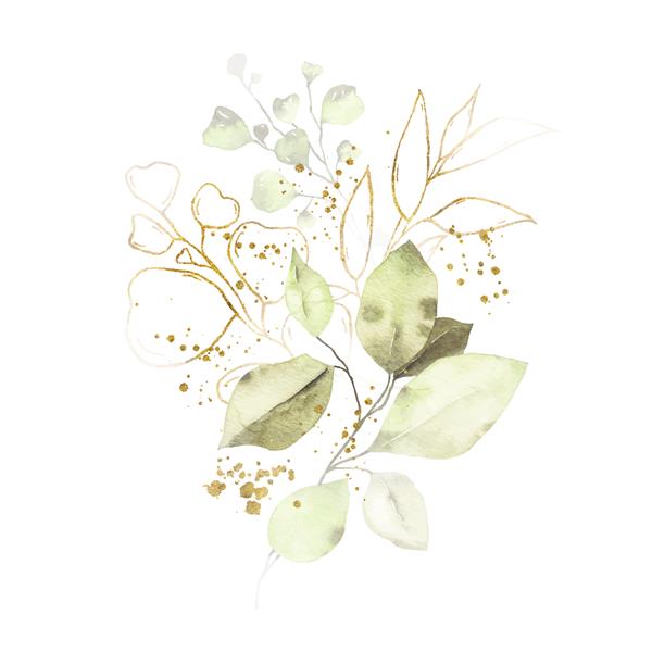 چیدمان آبرنگ با برگ سبز دسته گل سبزی طلایی