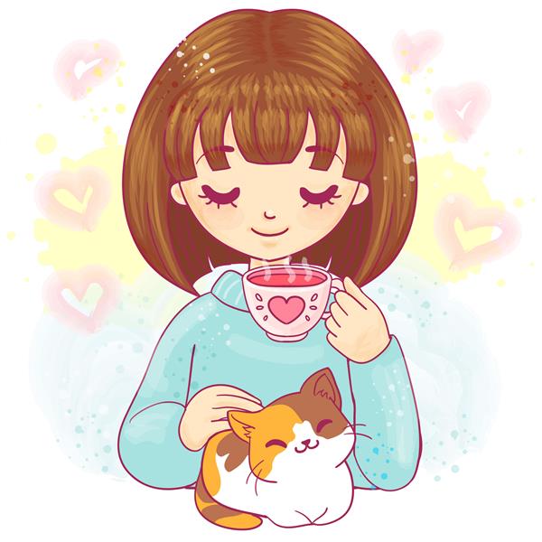 دختر کارتونی ناز با بچه گربه و فنجان چای