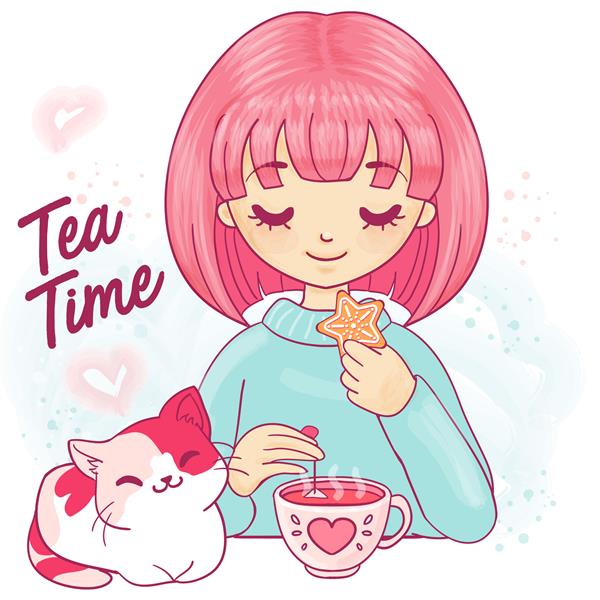 دختر کارتونی ناز با بچه گربه و فنجان چای