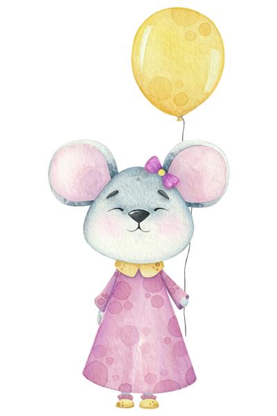 یک موش کوچک آبرنگ با بادکنک تولد
