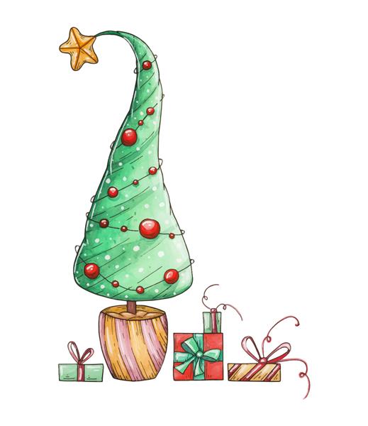 درخت کریسمس آبرنگ و هدایا تصویر کریسمس با دست کشیده شده است