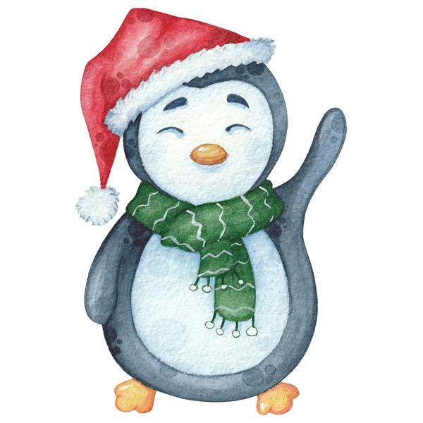 پنگوئن آبرنگ با شال و کلاه سبز با هدیه تصویر کشیده شده با دست کریسمس