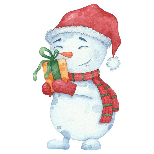 آدم برفی آبرنگ با شال و کلاه با هدیه تصویر کشیده شده با دست کریسمس