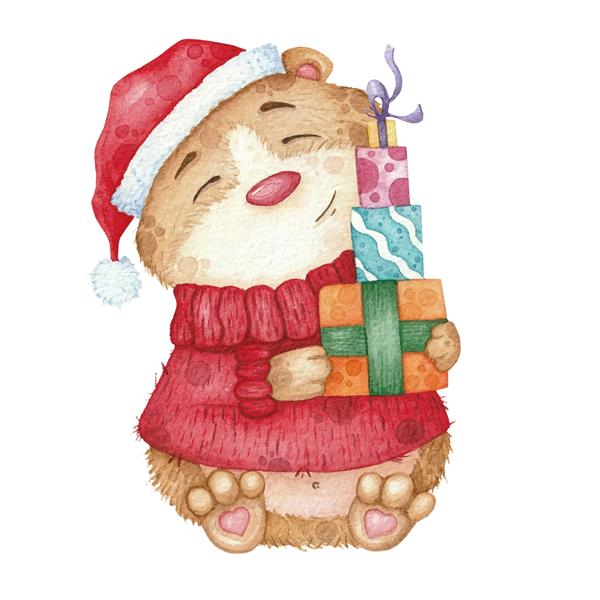 همستر زیبا با ژاکت و کلاه قرمز با هدایا تصویر آبرنگ برای کریسمس