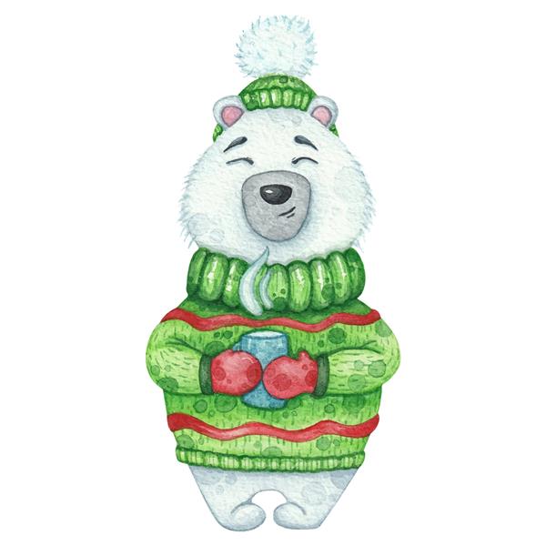 خرس قطبی ناز با ژاکت و کلاه سبز با یک فنجان نوشیدنی گرم تصویر آبرنگ برای کریسمس