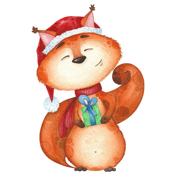 سنجاب ناز با شال و کلاه قرمز با هدیه تصویر آبرنگ برای کریسمس