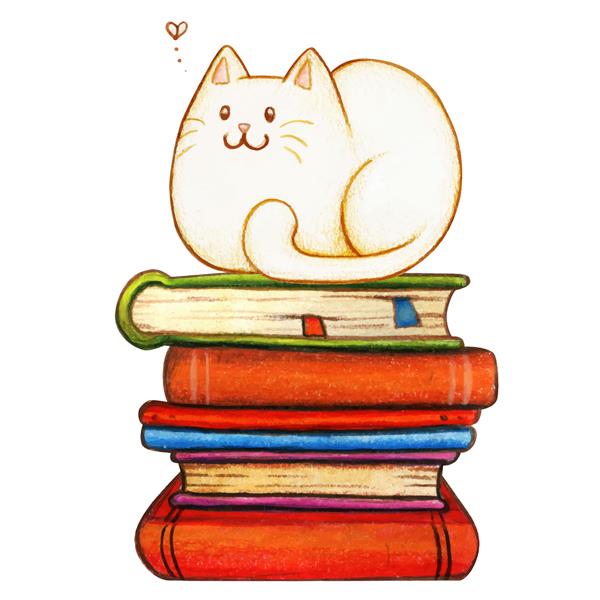 گربه سفید آبرنگ روی دسته ای از کتاب ها