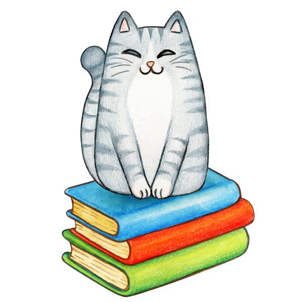 گربه خاکستری آبرنگ روی دسته ای از کتاب ها