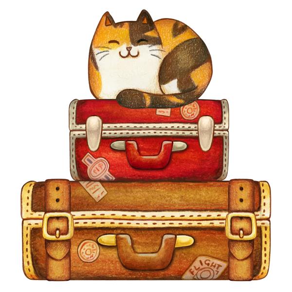 بچه گربه کالیکو آبرنگ روی چمدان های مسافرتی قدیمی