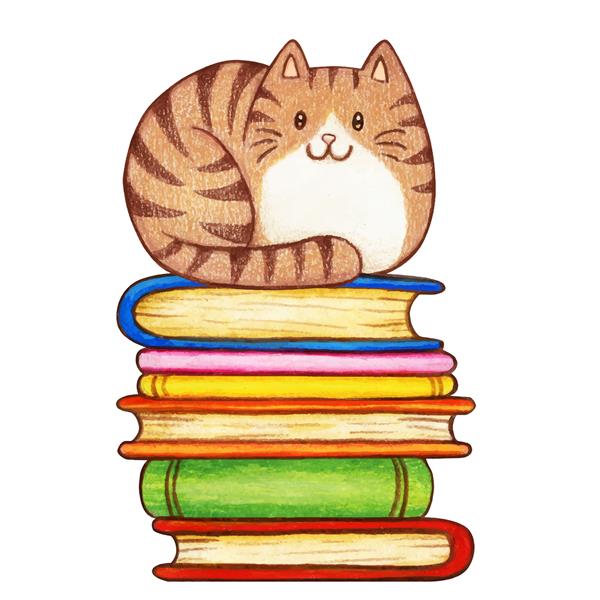 بچه گربه آبرنگی بامزه روی یک پشته کتاب