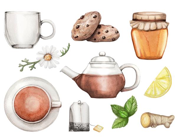 تصویر آبرنگ با ست چای کشیده شده با دست
