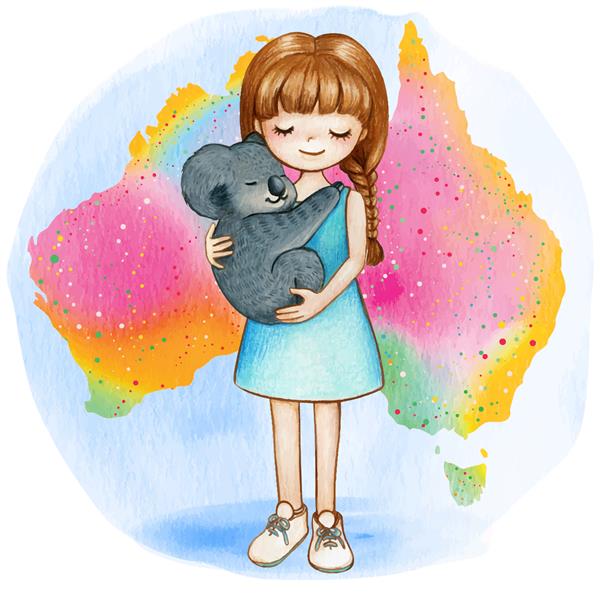 دختر آبرنگ با کوالا روی نقشه رنگین کمان استرالیا