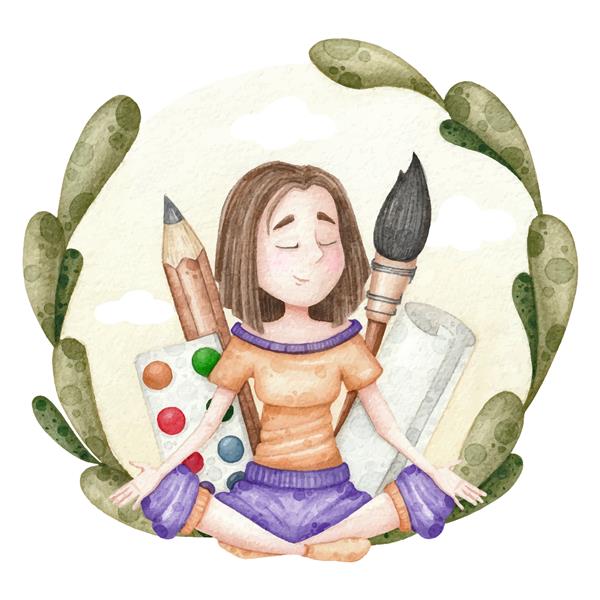 تصویرسازی آبرنگ با یک هنرمند دختر مراقبه با رنگ کاغذ و قلم مو