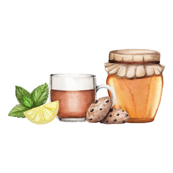 تصویر آبرنگ با چای عسل و کلوچه که با دست روی سفید کشیده شده است