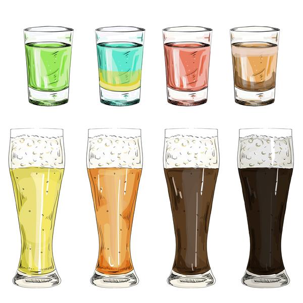 ست شیشه شات با لیکورهای الکلی رنگی و تصویر نوشیدنی مجموعه ای از لیوان های آبجو با درجه های مختلف آبجو در پس زمینه سفید جدا شده